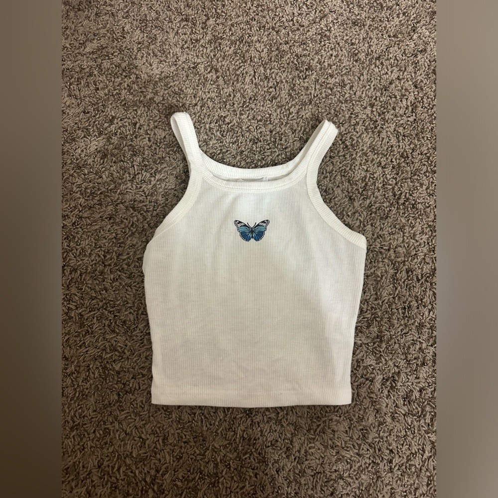 PRINCESS POLLY white tank top with a butterfly, size 0